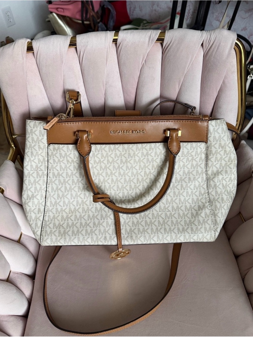 Michael Kors Cream Logo Satchel with Brown Trim